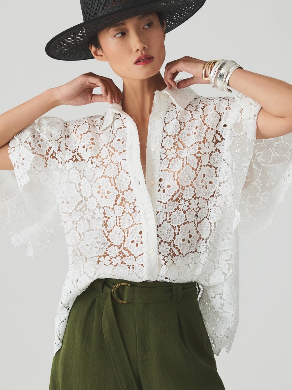 Anthropologie White Floral Crochet Button-Up Blouse